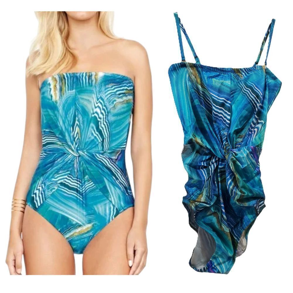 NWT $178 Gottex Tourmaline Blue Marble Bandeau Twisted Waist Swimsuit Sz 6